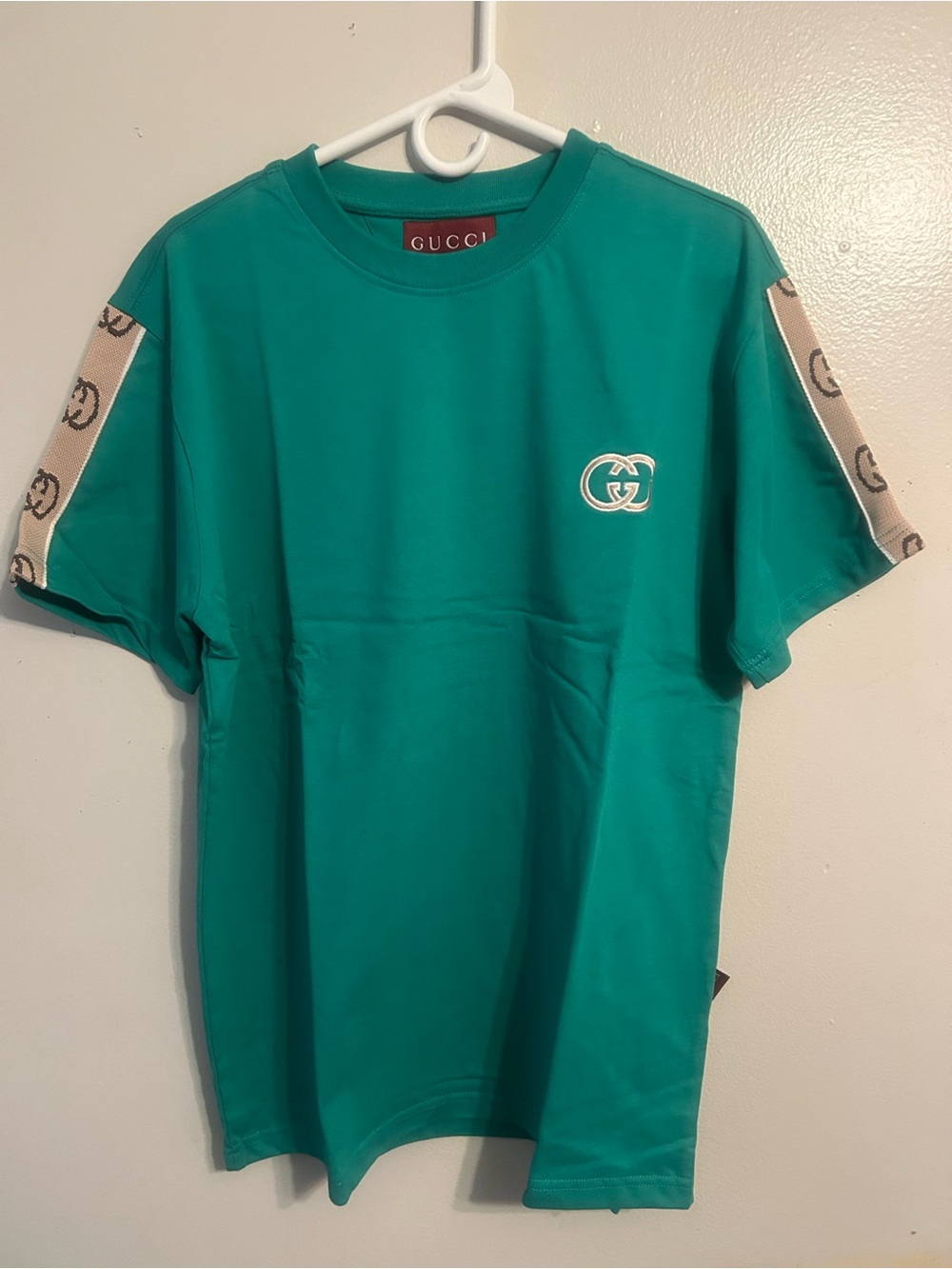 Gucci Teal Logo Crewneck T-Shirt with Signature Sleeve Tape